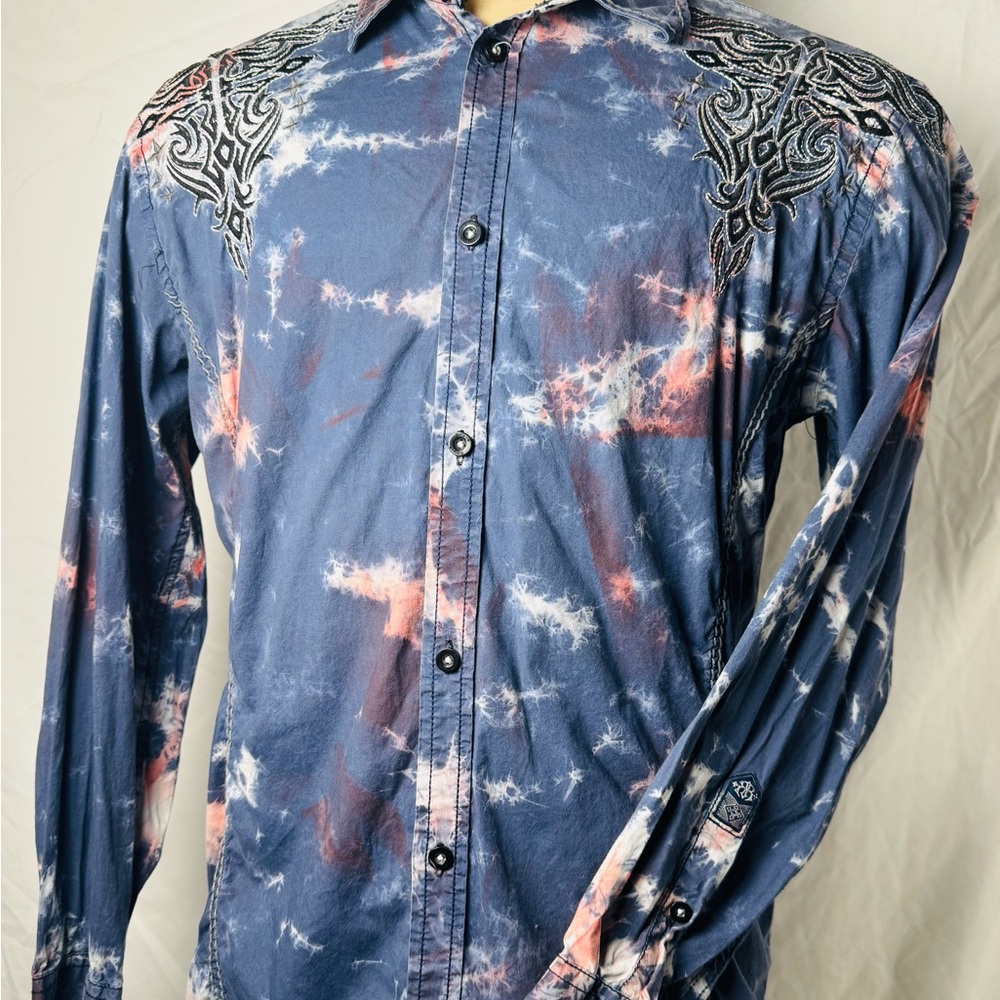 Roar Men's Blue and Pink Tie-Dye Button Down Shirt